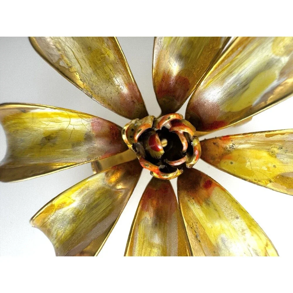 Vintage Flower Brooch Enamel  Floral Gold Tone Yellow Orange Pin 2.5”